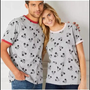 Disney Mickey Mouse Allover Ringer T-Shirt for Women Size Large NWOT Gray Pink